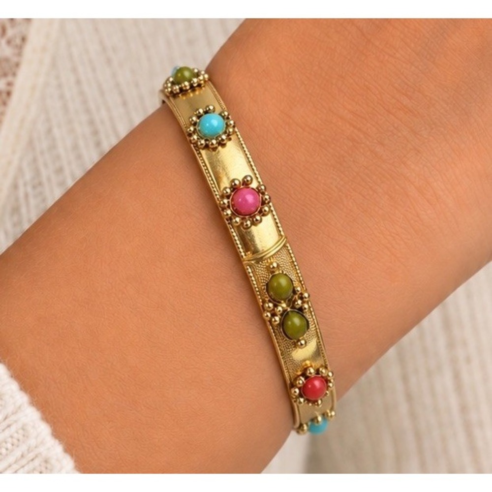 Womens 70s Vintage Gold Tone Multicolor Cabochon Stone Hinged Bangle Bracelet